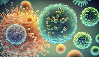 Makro Schuss von anders Typen von Mikroben. Virus Zellen und Bakterien auf abstrakt Hintergrund. erstellt mit generativ ai foto