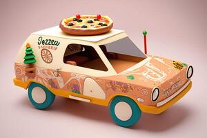 ai generiert Pizza Lieferung. Pizza wie schnell Essen Wagen. Maskottchen Pizza Auto Design. Logo zum Restaurant oder Cafe. Straße Essen Festival Symbol mit Pizza im Karikatur Stil. foto