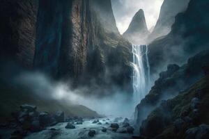 ai generiert großartig Wasserfall, Kaskadierung Nieder ein felsig Cliff und Senden ein Wolke von Nebel in das Luft. foto