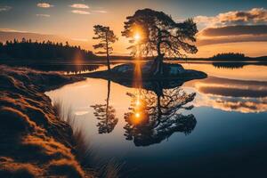 ai generiert schön Sonnenuntergang beim das Küste von ein See im ein natürlich Landschaft. foto