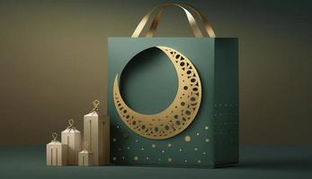 Einkaufen Tasche, Geschenk Kasten, Laterne, Gold Halbmond Mond auf Grün Hintergrund. Design Konzept von islamisch Feier Tag Ramadan kareem oder eid al fitr Adha, 3d Illustration, generieren ai foto