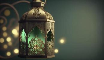 islamisch Gruß eid Mubarak Karten zum Muslim Feiertage. eid-ul-adha Festival Feier. Arabisch Ramadan Laterne. Dekoration Lampe, generieren ai foto