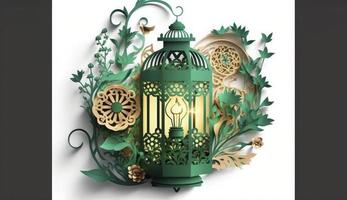 islamisch Gruß eid Mubarak Karten zum Muslim Feiertage. eid-ul-adha Festival Feier. Arabisch Ramadan Laterne. Dekoration Lampe, generieren ai foto