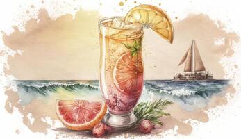 Grapefruit Sommer- Cocktail auf Meer, Aquarell Stil Illustration, generativ ai foto