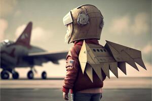 Person tragen ein Karton Kostüm Stehen im Vorderseite von ein Flugzeug. generativ ai. foto