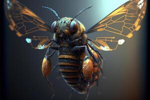schließen oben von ein Biene auf ein schwarz Hintergrund. generativ ai. foto