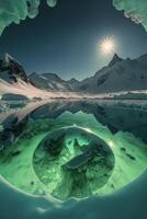 groß Körper von Wasser umgeben durch Schnee bedeckt Berge. generativ ai. foto