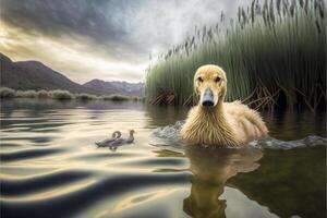 Ente und zwei Entenküken Schwimmen im ein See. generativ ai. foto