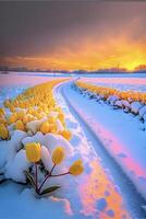 Feld von Gelb Tulpen bedeckt im Schnee. generativ ai. foto