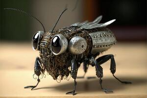 schließen oben von ein Metall Insekt auf ein Tisch. generativ ai. foto