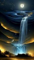 Wasserfall beim Nacht mit ein voll Mond im das Himmel. generativ ai. foto