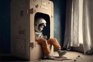 ein Astronaut ist Sitzung im ein Karton Kasten. generativ ai. foto
