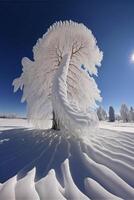 Schnee bedeckt Baum Sitzung auf oben von ein Schnee bedeckt Feld. generativ ai. foto