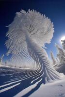 Schnee bedeckt Baum Sitzung auf oben von ein Schnee bedeckt Neigung. generativ ai. foto