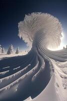 Schnee bedeckt Baum Sitzung auf oben von ein Schnee bedeckt Neigung. generativ ai. foto