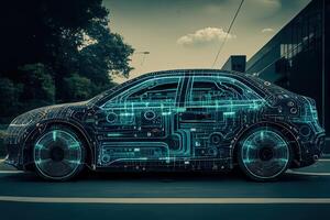 künstlich Intelligenz verwaltet Transport. technologisch Auto ohne ein Treiber. ai und Automobil Zukunft Cyber generativ ai Illustration foto