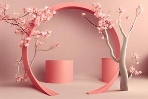 Rosa Podium Hintergrund Anzeige, Sakura Blume Illustration generativ ai foto
