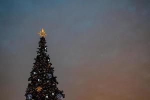 bunt Weihnachten Baum schimmernd gegen das Hintergrund von das Abend Pastell- Himmel foto