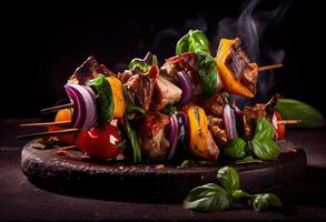 generativ ai Illustration von aufgespießt Schaschlik Kebab, Kebabs - - gegrillt Fleisch Spieße, Gemüse auf schwarz hölzern Hintergrund. Fleisch Spieße im ein Grill foto