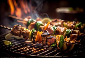 generativ ai Illustration von aufgespießt Schaschlik Kebab, Kebabs - - gegrillt Fleisch Spieße, Gemüse auf schwarz hölzern Hintergrund. Fleisch Spieße im ein Grill foto