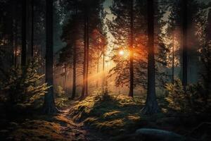 generativ ai Illustration von Sonnenaufgang im das Wald foto