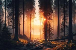 generativ ai Illustration von Sonnenaufgang im das Wald foto