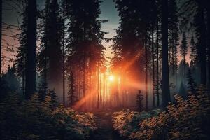 generativ ai Illustration von Sonnenaufgang im das Wald foto