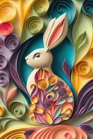 generativ ai Illustration von quilling Papier Kunst, süß Baby Hase wie Ostern Hase Sitzung im Ostern Ei wie Ostern unter Baum, Hintergrund Hintergrund Design im Ostern Urlaub foto