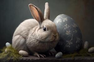 generativ ai Illustration von süß Baby Hase wie Ostern Hase Sitzung im Ostern Ei wie Ostern unter Baum, Hintergrund Hintergrund Design foto