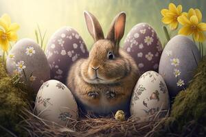 generativ ai Illustration von süß Baby Hase wie Ostern Hase Sitzung im Ostern Ei wie Ostern unter Baum, Hintergrund Hintergrund Design foto