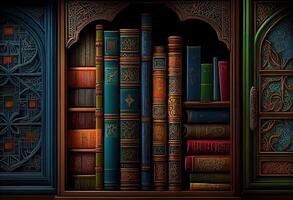 generativ ai Illustration von islamisch Bibliothek Bücher, Hintergrund, hell, attraktiv, Liebe zum Bücher foto