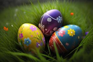 generativ ai Illustration von bunt Ostern Eier auf Gras Hintergrund, sehr schön foto
