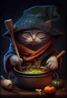 generativ ai Illustration von süß Katze mit Kochen Hut Kochen Suppe beim ein Restaurant, dunkel Farben, bunt foto