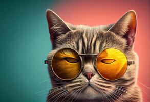 generativ ai Illustration von Nahansicht Porträt von komisch Katze tragen Sonnenbrille isoliert auf Pastell- Hintergrund. surreal Fantasie, Copyspace foto