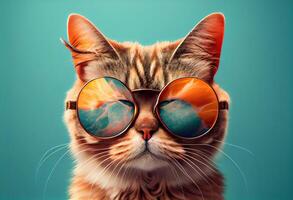 generativ ai Illustration von Nahansicht Porträt von komisch Katze tragen Sonnenbrille isoliert auf Pastell- Hintergrund. surreal Fantasie, Copyspace foto