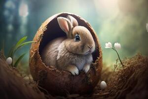 generativ ai Illustration von süß Baby Hase wie Ostern Hase Sitzung im Ostern Ei wie Ostern unter Baum, Hintergrund Hintergrund Design foto