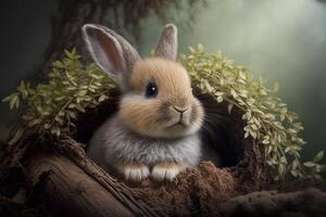 generativ ai Illustration von süß Baby Hase wie Ostern Hase Sitzung im Ostern Ei wie Ostern unter Baum, Hintergrund Hintergrund Design foto