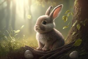 generativ ai Illustration von süß Baby Hase wie Ostern Hase Sitzung im Ostern Ei wie Ostern unter Baum, Hintergrund Hintergrund Design foto