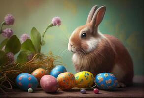 generativ ai Illustration von süß Baby Hase wie Ostern Hase Sitzung im Ostern Ei wie Ostern unter Baum, Hintergrund Hintergrund Design foto