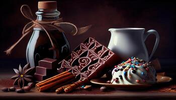 generativ ai Illustration von Zimt, dunkel Schokolade mit Milch und Süßigkeiten süss, Kopieren Raum, selektiv Fokus foto