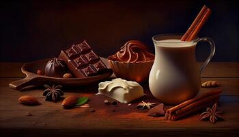 generativ ai Illustration von Zimt, dunkel Schokolade mit Milch und Süßigkeiten süss, Kopieren Raum, selektiv Fokus foto