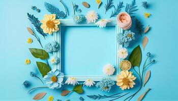 generativ ai Illustration von Frühling Blume Rahmen auf Blau und cyan Hintergrund Kopieren Raum eben legen spotten oben foto