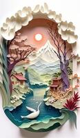 generativ ai Illustration von Chinesisch Natur und Landschaft auf solide Hintergrund, verheißungsvoll Wolken, Schlucht Strom, Berg Bereich, viele Häuser und uralt Gebäude, multi dimensional Papier quilling foto