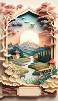 generativ ai Illustration von Chinesisch Natur und Landschaft auf solide Hintergrund, verheißungsvoll Wolken, Schlucht Strom, Berg Bereich, viele Häuser und uralt Gebäude, multi dimensional Papier quilling foto