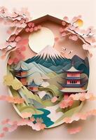 generativ ai Illustration von Chinesisch Natur und Landschaft auf solide Hintergrund, verheißungsvoll Wolken, Schlucht Strom, Berg Bereich, viele Häuser und uralt Gebäude, multi dimensional Papier quilling foto