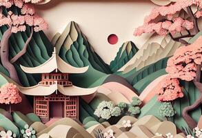 generativ ai Illustration von Chinesisch Natur und Landschaft auf solide Hintergrund, verheißungsvoll Wolken, Schlucht Strom, Berg Bereich, viele Häuser und uralt Gebäude, multi dimensional Papier quilling foto