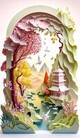 generativ ai Illustration von Chinesisch Natur und Landschaft auf solide Hintergrund, verheißungsvoll Wolken, Schlucht Strom, Berg Bereich, viele Häuser und uralt Gebäude, multi dimensional Papier quilling foto