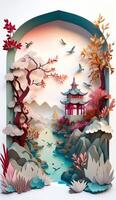 generativ ai Illustration von Chinesisch Natur und Landschaft auf solide Hintergrund, verheißungsvoll Wolken, Schlucht Strom, Berg Bereich, viele Häuser und uralt Gebäude, multi dimensional Papier quilling foto