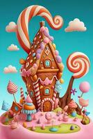 generativ ai Illustration von ein Süss und magisch Welt mit Süßigkeiten Land Landschaft und Lebkuchen Fantasie Haus foto