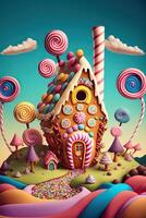 generativ ai Illustration von ein Süss und magisch Welt mit Süßigkeiten Land Landschaft und Lebkuchen Fantasie Haus foto